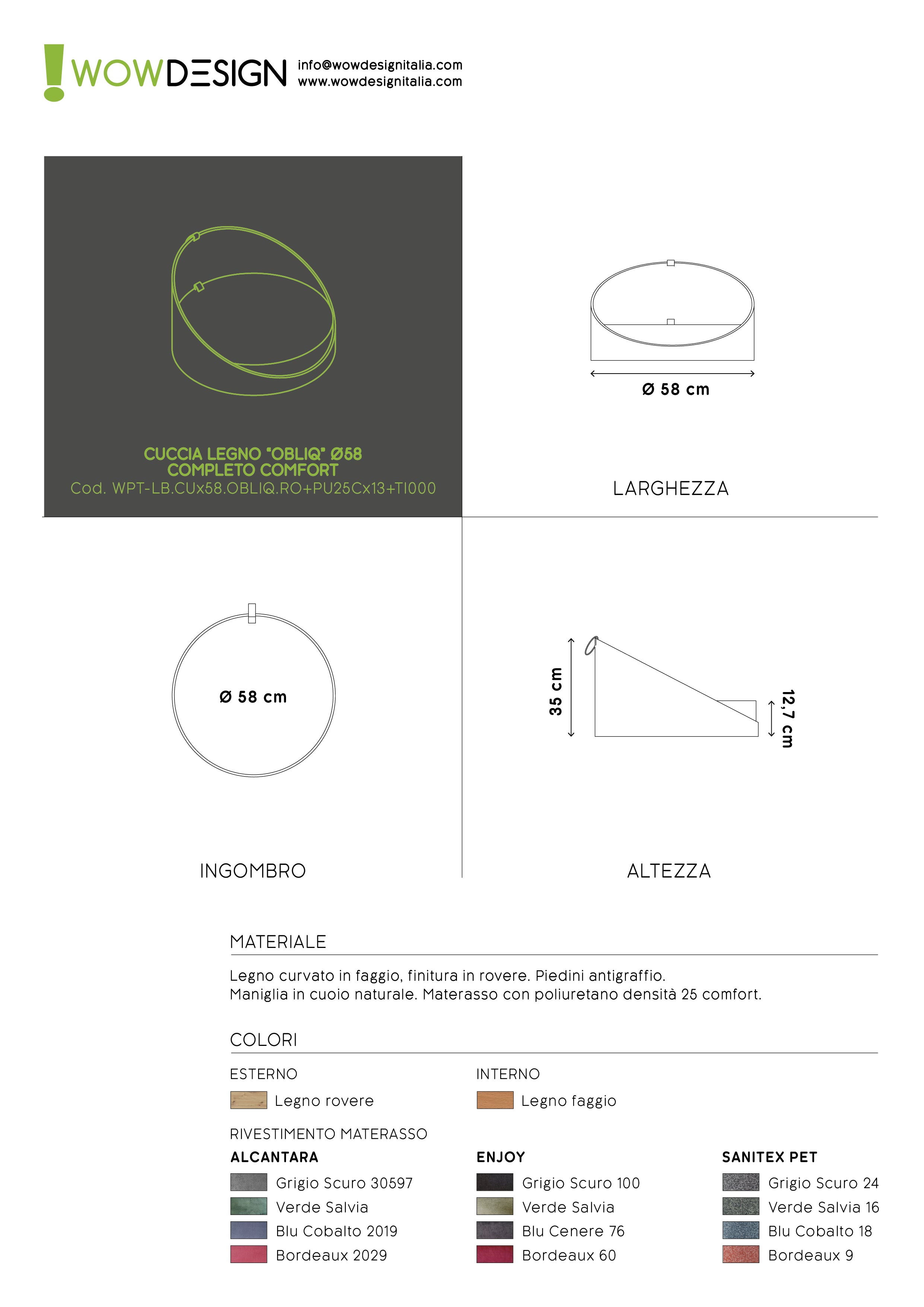 WOW!CUCCIA LEGNO CURV OBLIQ D60 COMPLETO COMFORT ROVERE
