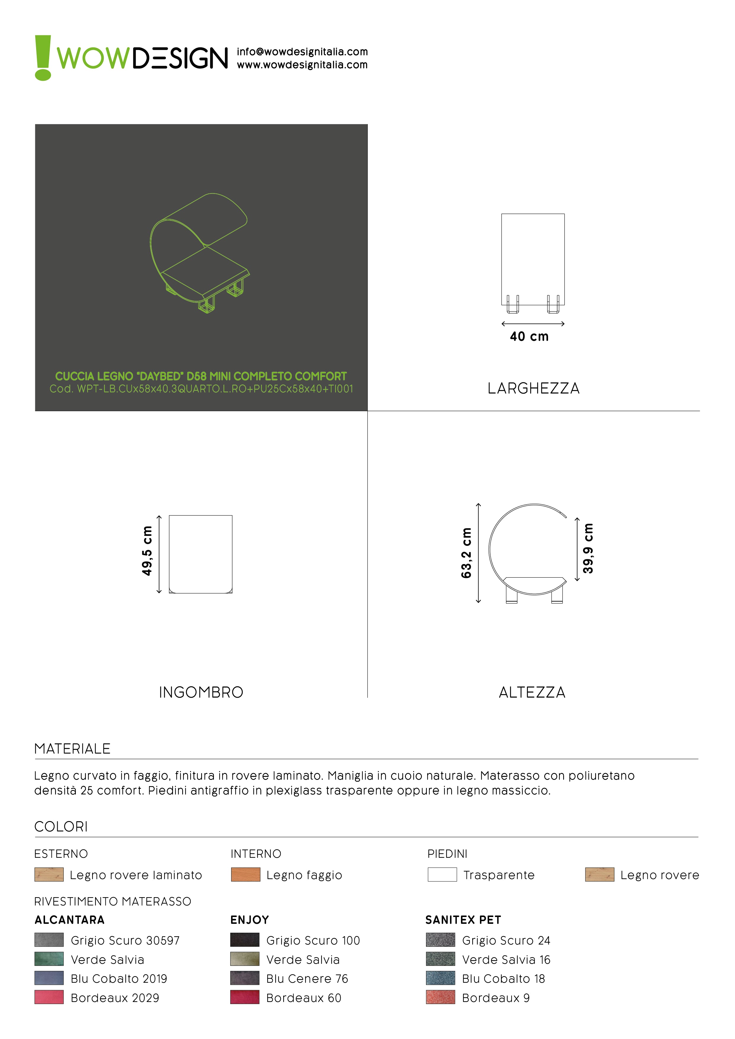 WOW!CUCCIA LEGNO 'DAYBED'  D58 MINI COMPLETO COMFORT LAMINATO ROVERE