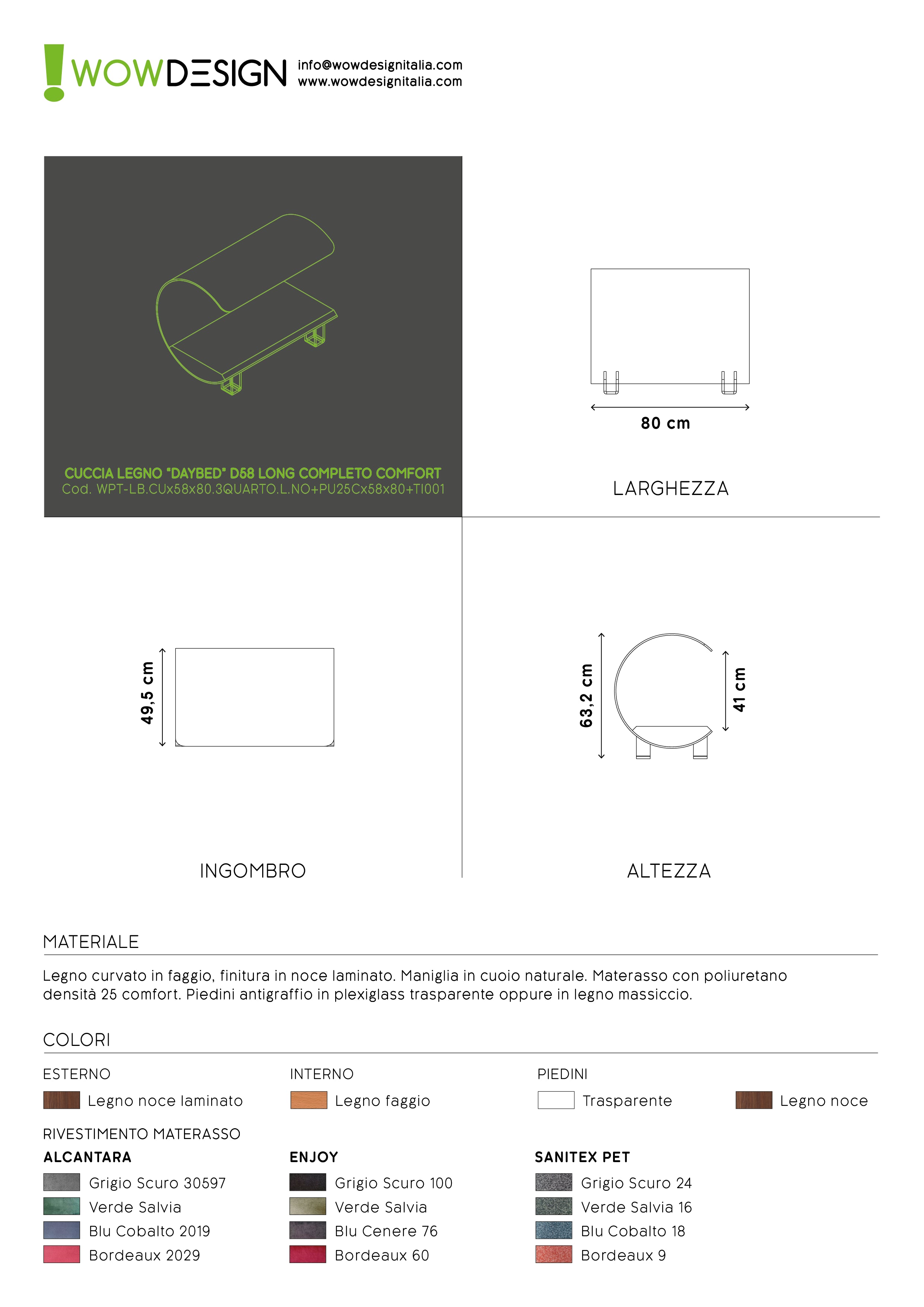 WOW!CUCCIA LEGNO 'DAYBED'  D58 LONG COMPLETO COMFORT LAMINATO NOCE