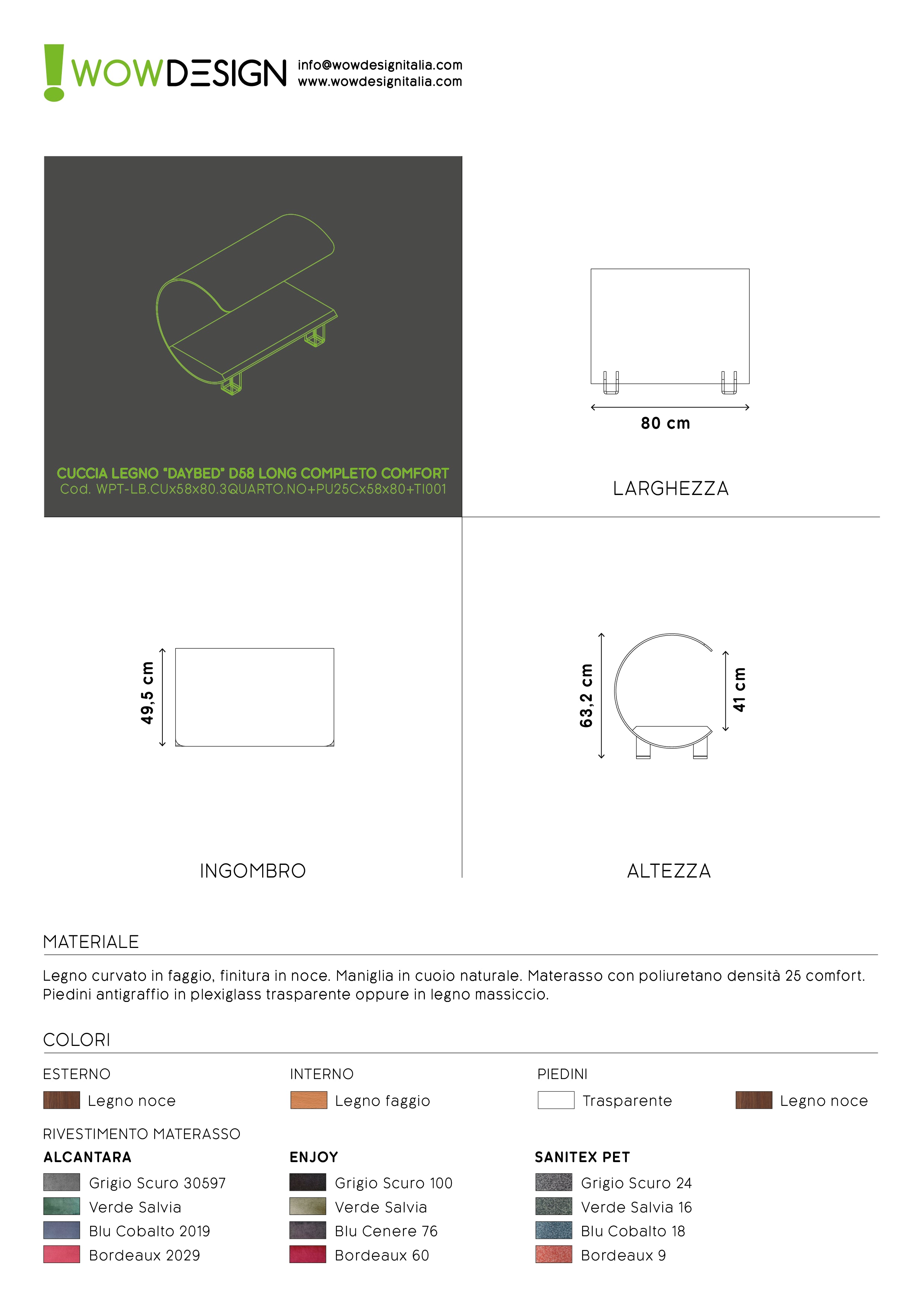 WOW!CUCCIA LEGNO 'DAYBED'  D58 LONG COMPLETO COMFORT NOCE