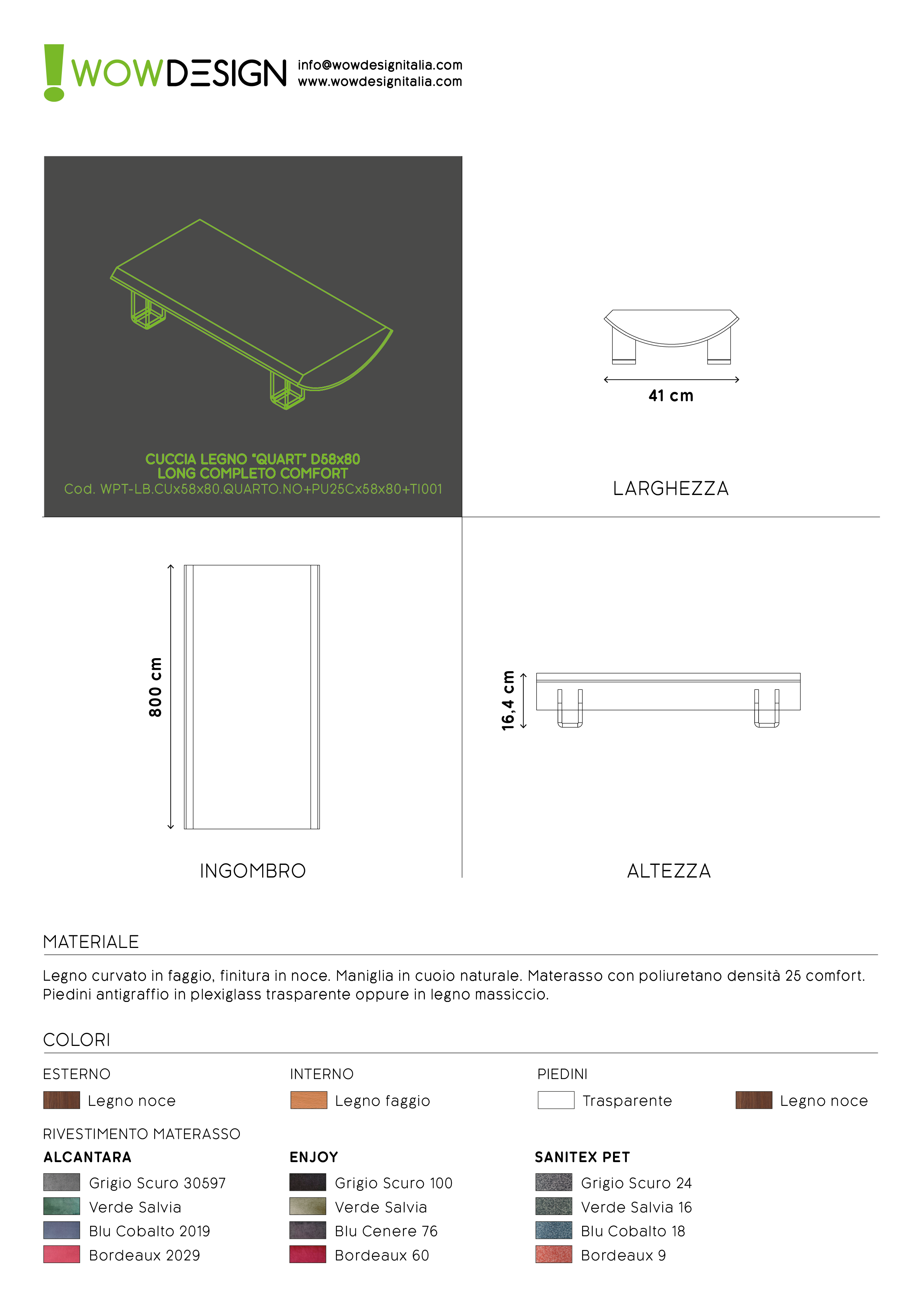 WOW!CUCCIA LEGNO CURV QUART D58 LONG COMPLETO COMFORT NOCE