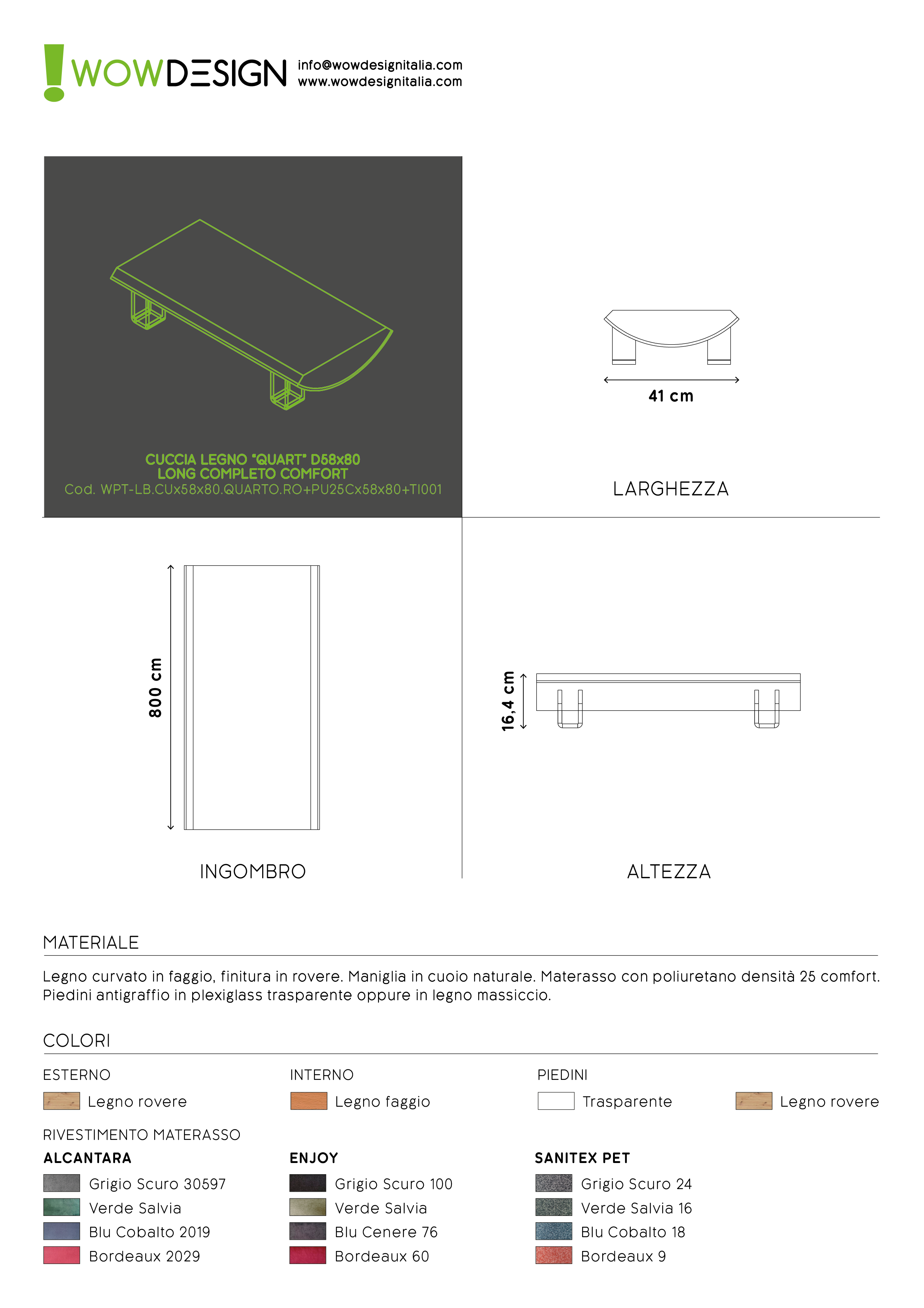 WOW!CUCCIA LEGNO CURV QUART D58 LONG COMPLETO COMFORT ROVERE