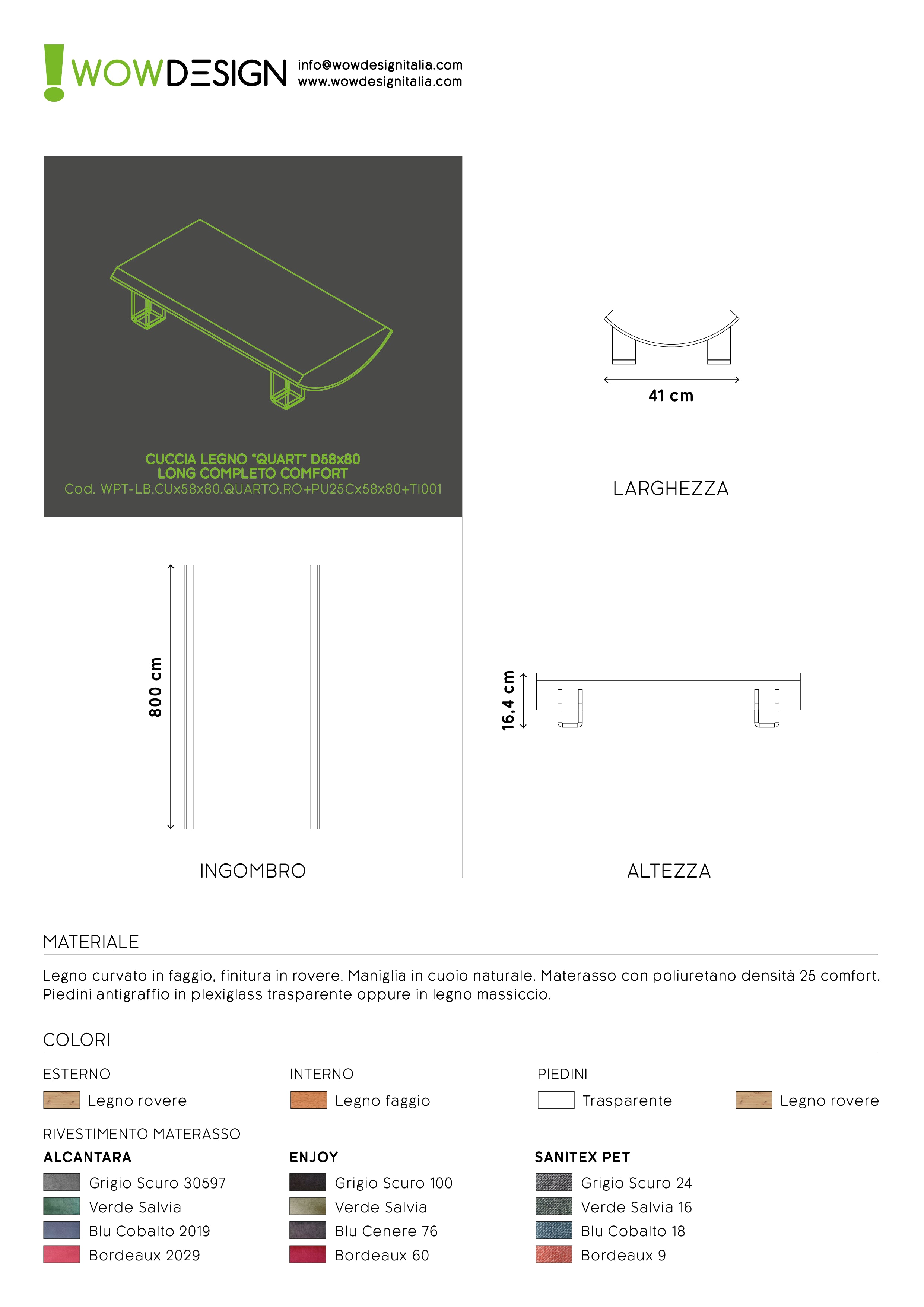 WOW!CUCCIA LEGNO CURV QUART D58 LONG COMPLETO SUPPORT ROVERE